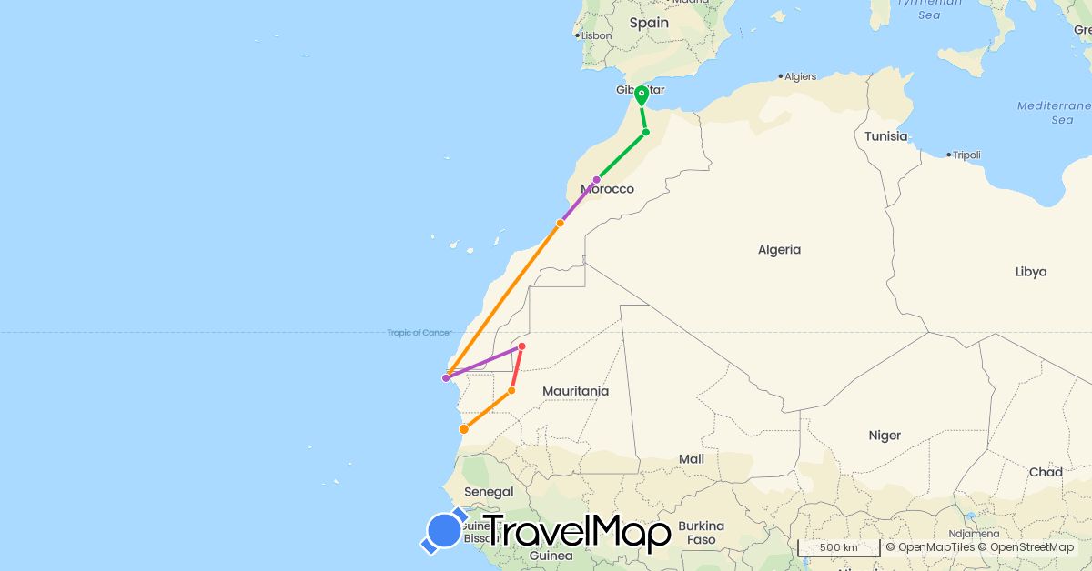 TravelMap itinerary: driving, bus, train, hiking, hitchhiking in Morocco, Mauritania (Africa)